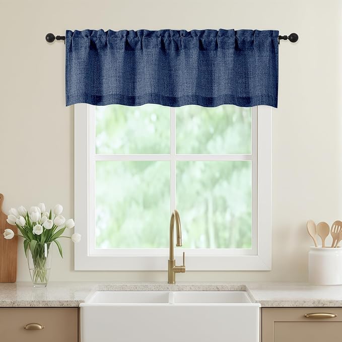 Navy Blue Valances for Windows, Light Filtering Faux Linen Textured Small Short by WelvetBLK