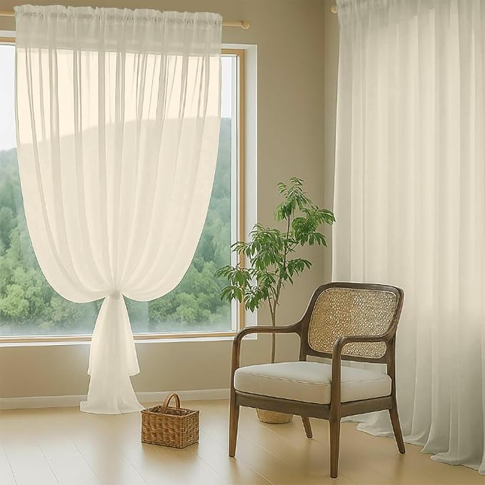 Cream Sheer Curtains for Window 96 Inches Long 2 Panels Set, Soft Airy Light - Image 8