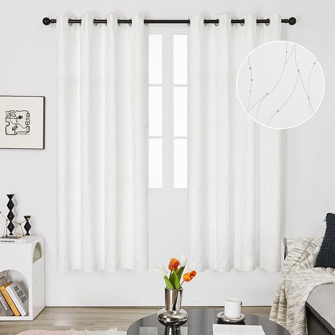 Deconovo Blackout Grommet Silver Pattern Printed Curtains, Pure White, 52W x 72L - Image 2