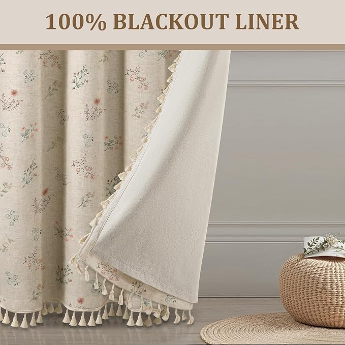 Boho Floral Spring 100% Blackout Curtains 84 Inch Length 2 Panels Set, Linen - Image 6