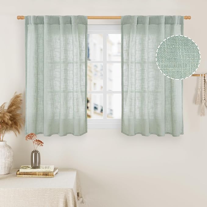 LAMIT Short Linen Window Curtains 40 Inch Length 2 Panels, Light Sage Semi by LAMIT