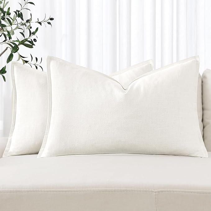 MIULEE Decorative Linen Lumbar Pillow Covers 12x20 Inch Cream White Boho by MIULEE