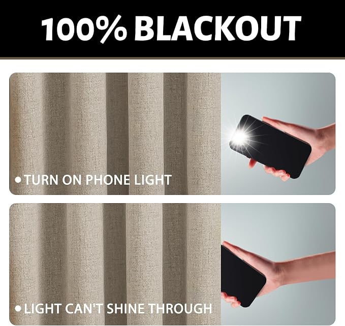 Yakamok Natural Linen Curtains 100% Blackout 90 Inches Long, Room Darkening - Image 2