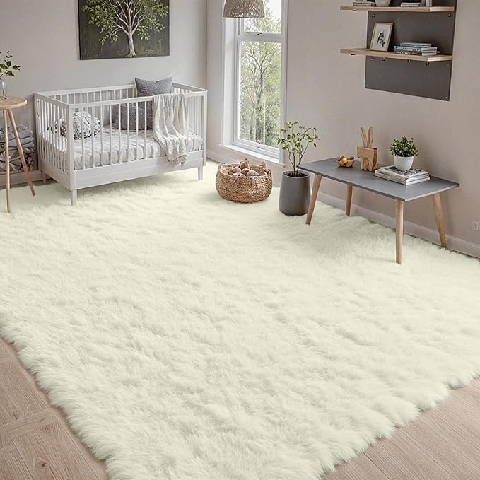 8x10 Area Rugs for Living Room Rug: Soft Fluffy Shag Cream White Rugs for - Image 9