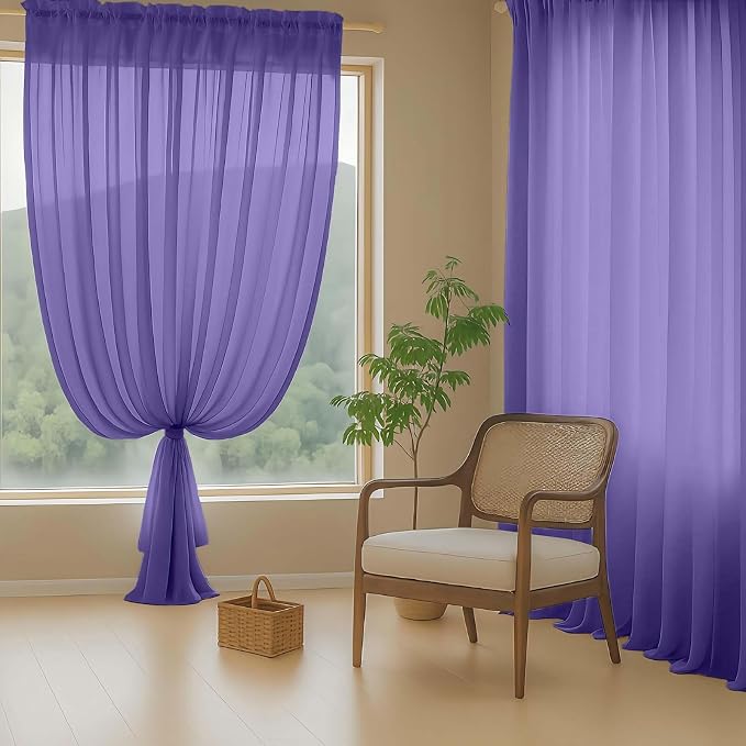 Purple Sheer Curtains 63 Inch Length 2 Panels, Voile Sheer Curtain - Image 8