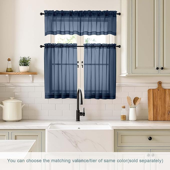 Navy Blue Sheer Curtains Tier 30 Inches Length 2 Panels, Light Filtering - Image 2