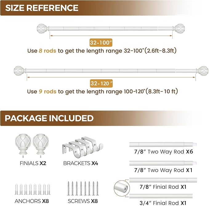 KAMANINA Curtain Rods for Windows 66 to 120 Inch, 7/8 Inch White Heavy Duty - Image 7