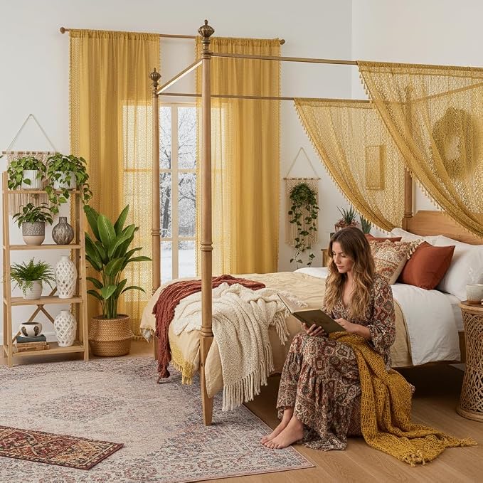 WAZZIO Boho Lace Curtains 72 Inches 2 Panel, Light Filtering Privacy Tassel & - Image 5