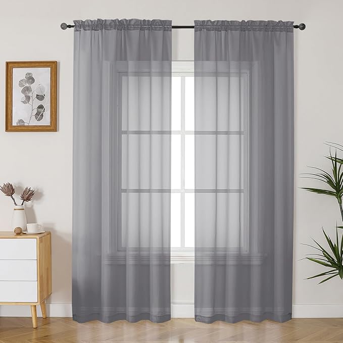 Gwine Charcoal Grey Sheer Curtains 84 Inches Long 2 Panels Set by Gwine