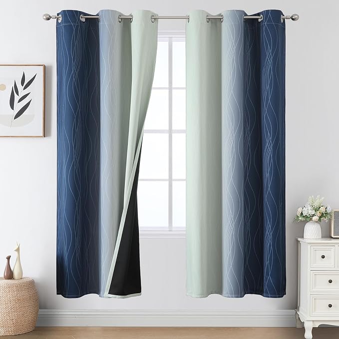 Estelar Textiler Navy Blue and Sage Green Ombre Blackout Curtains 72 Inches by ESTELARTEXTILER