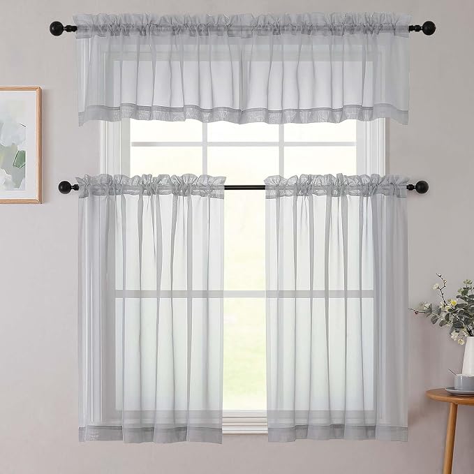Kitchen Curtains 24 Inch Length Tier 2 Pieces, Light Grey Sheer Curtain Solid - Image 8