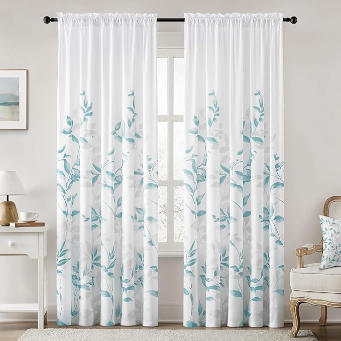 HOMEIDEAS Non-See-Through Teal and White Privacy Sheer Curtains 52 X 84 Inch by HOMEIDEAS