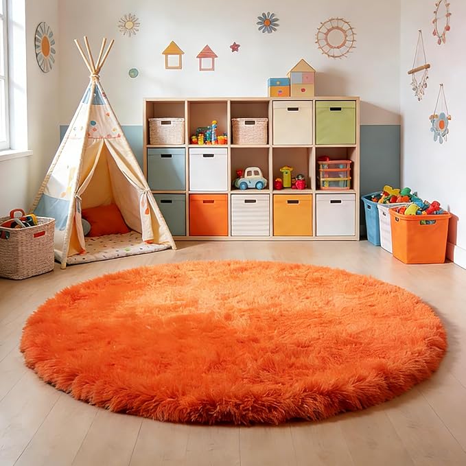 Orange Fluffy Round Rug, Soft Area Rugs - Image 5