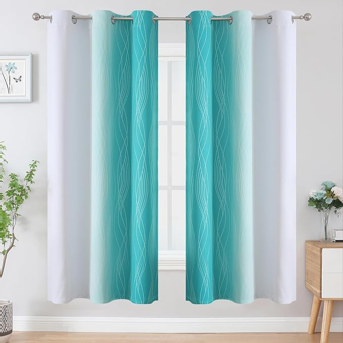 Estelar Textiler Teal and Greyish White Ombre Blackout Curtains 72 Inches Length - Image 2