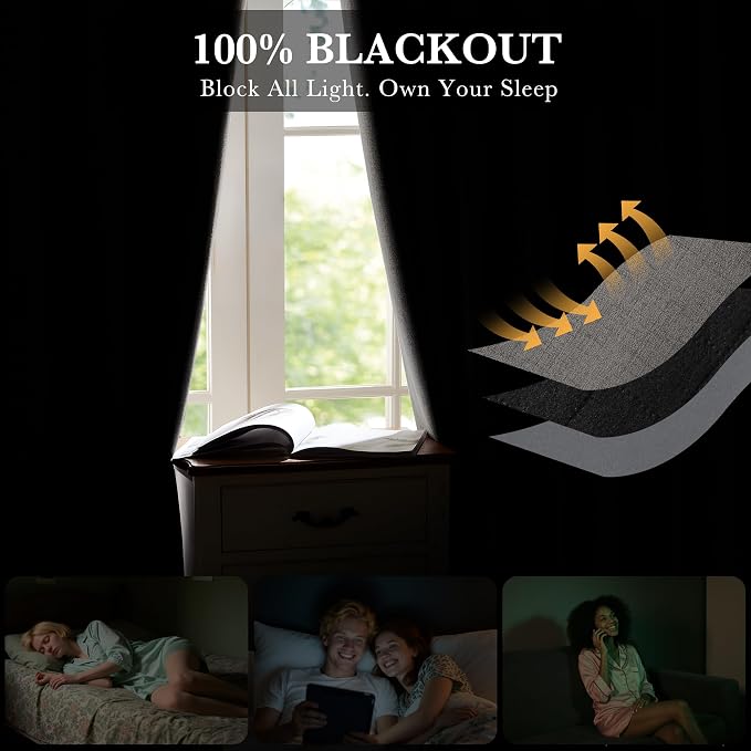 RYB HOME Grey Linen 100% Blackout Curtains - Image 3