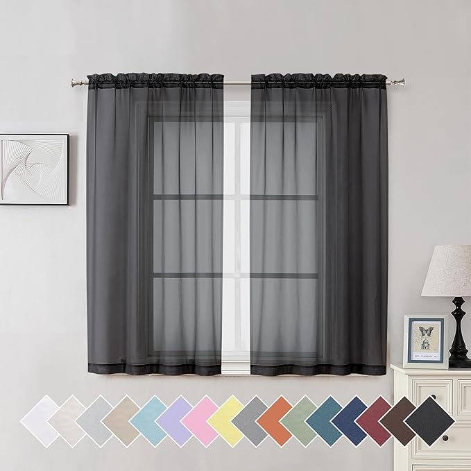 Aiyufeng Black Sheer Curtains for Windows 54 inch Long 2 Panel Set, Rod Pocket by Aiyufeng