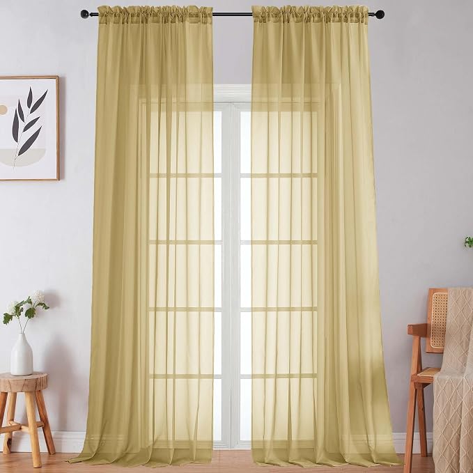 Extra Long Gold Sheer Curtains for Bedroom Living Room 120 Inches Long 2 Panels by WelvetBLK