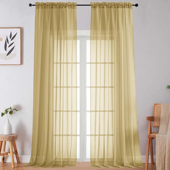 Extra Long Gold Sheer Curtains for Bedroom Living Room 108 Inches Long 2 Panels by WelvetBLK