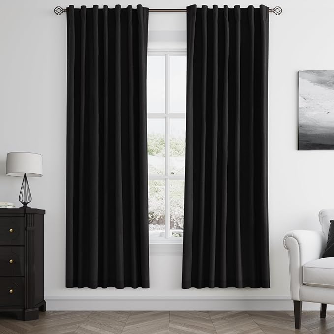 Guken Black 100% Blackout Linen Curtains 72 Inch Length 2 Panels Set by Guken