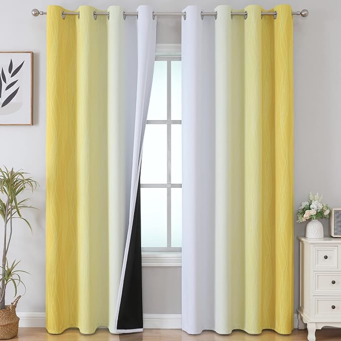Estelar Textiler Yellow and Grayish White Blackout Curtains 108 Inches Long by ESTELARTEXTILER