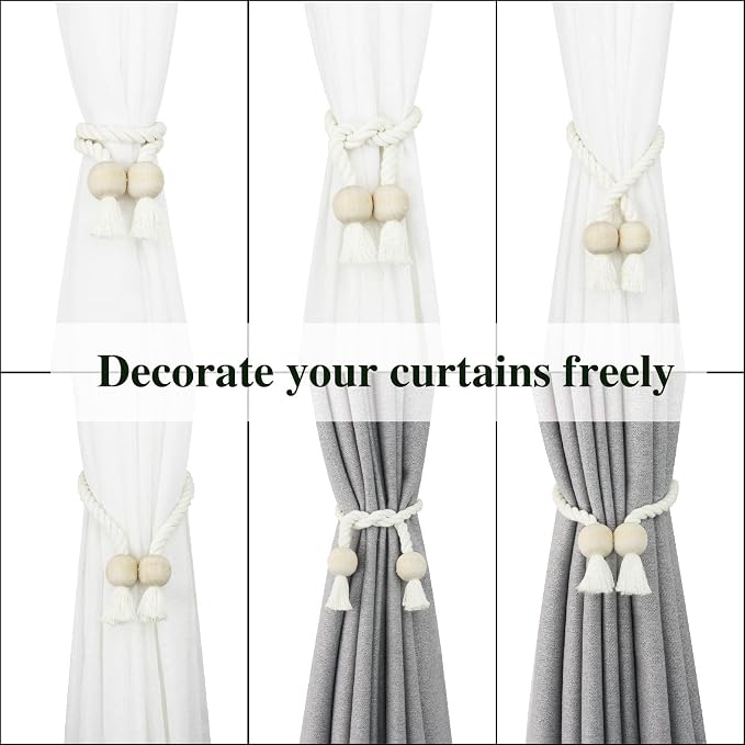 4 Pack Magnetic Curtain Tiebacks Cotton Hand Woven Tie Back Decorative Rope - Image 4
