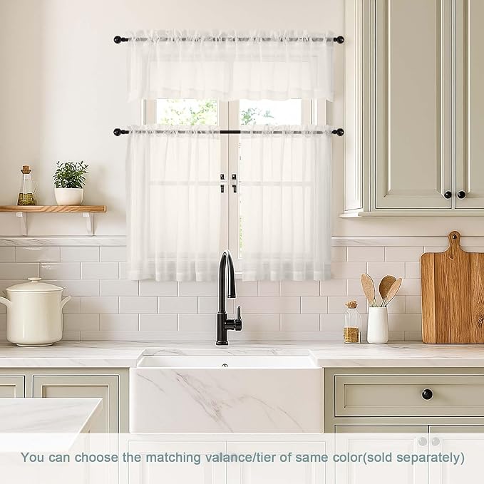 Ivory Small Sheer Curtains 2 Panels Set, Kitchen Curtains 36 Inch Length - Image 2
