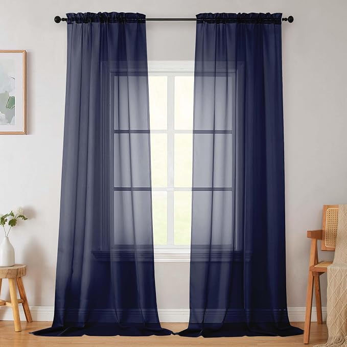 Navy Blue Sheer Curtains for Bedroom Living Room 96 Inches Long 2 Panels by WelvetBLK