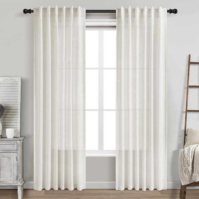 Cream Linen Curtains 84 Inch Length 2 Panels Back Tab Rod Pocket Semi Sheer by Nanspring