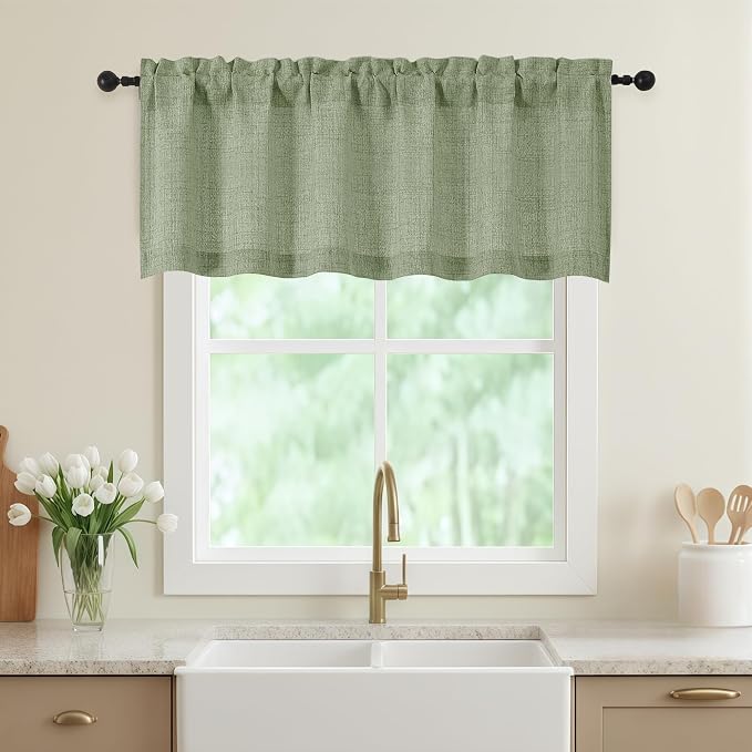 Sage Green Valances for Windows, Light Filtering Faux Linen Textured Small by WelvetBLK