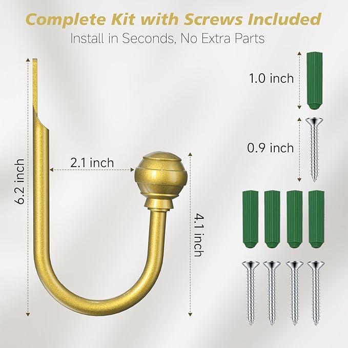 Hion Curtain Holdbacks Gold 6pcs, Curtain Tiebacks Wall Mounted Curtain Hooks - Image 2