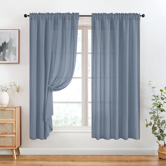 HOMEIDEAS Non-See-Through Stone Blue Privacy Sheer Curtains, 52 X 72 Inches - Image 2
