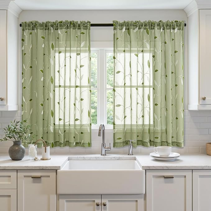 MIULEE Sage Green Sheer Curtains 2 Panels Embroidered Leaf Patterned Rod Pocket - Image 2