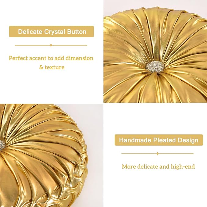 HIG Set of 2 Handcrafted Gold Ruched Round Throw Pillows – 14.5’’ Metallic - Image 4