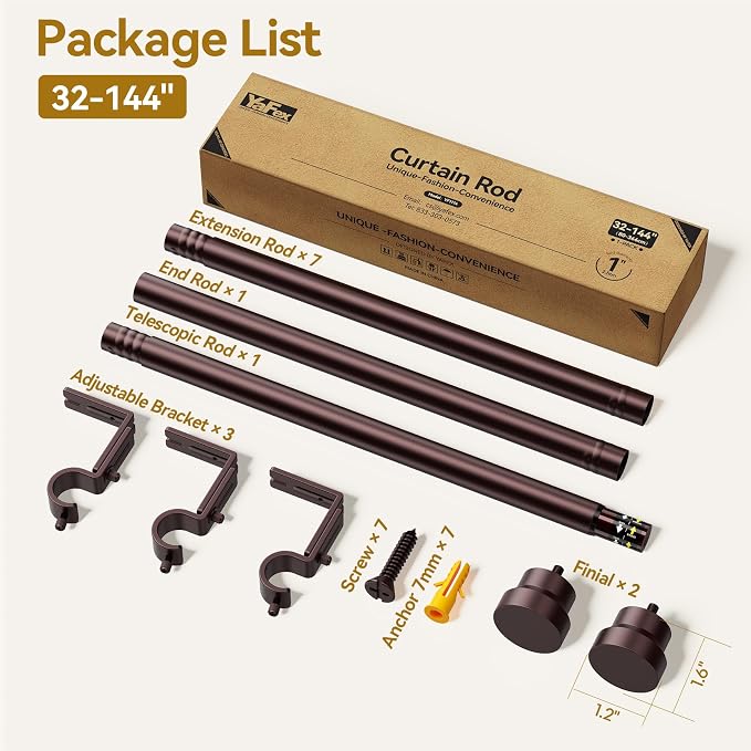 YaFex Curtain Rods 32-144 Inch, Heavy Duty 1 Inch Adjustable Curtain Rod - Image 7