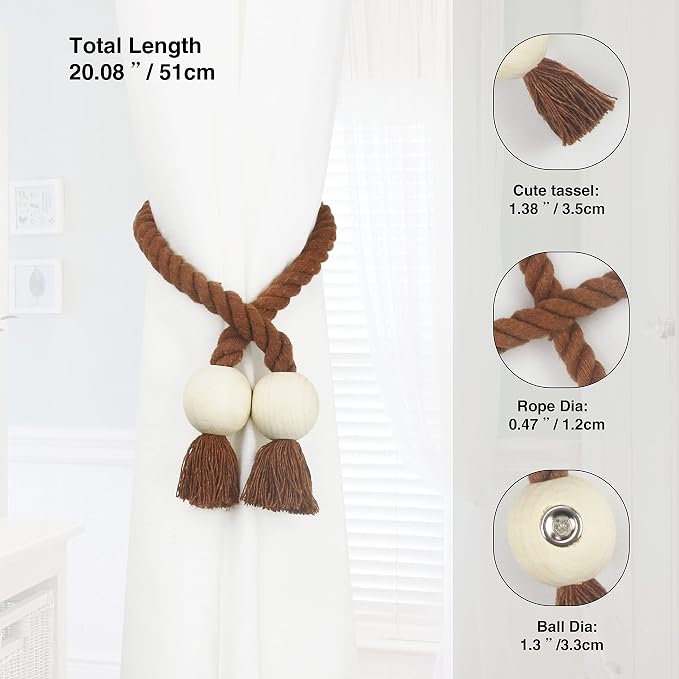 4 Pack Magnetic Curtain Tiebacks Cotton Hand Woven Tie Back Decorative Rope - Image 3