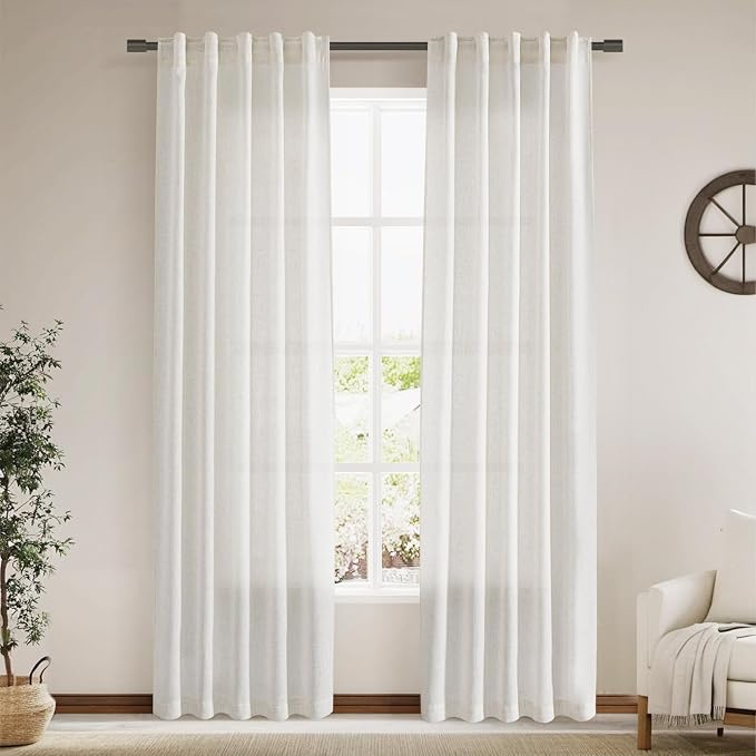 Cream Linen Curtains 84 Inch Length 2 Panels Back Tab Pocket Semi Sheer Bedroom by Nanspring