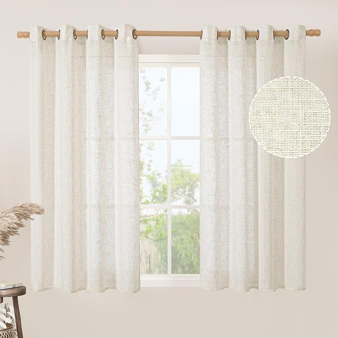 LAMIT Natural Linen Semi Sheer Curtains 45 Inch Length, Light Filtering Short - Image 2