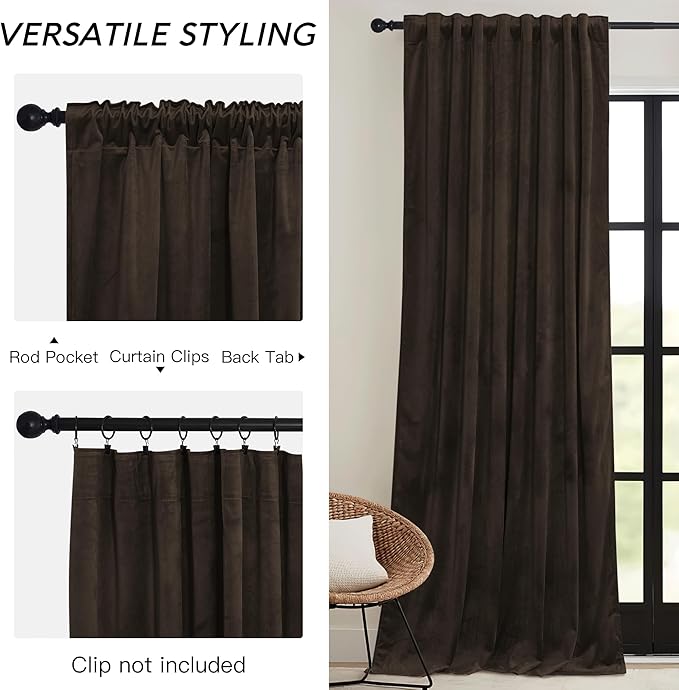 RYB HOME Brown Velvet Curtains 63 inches - Image 3