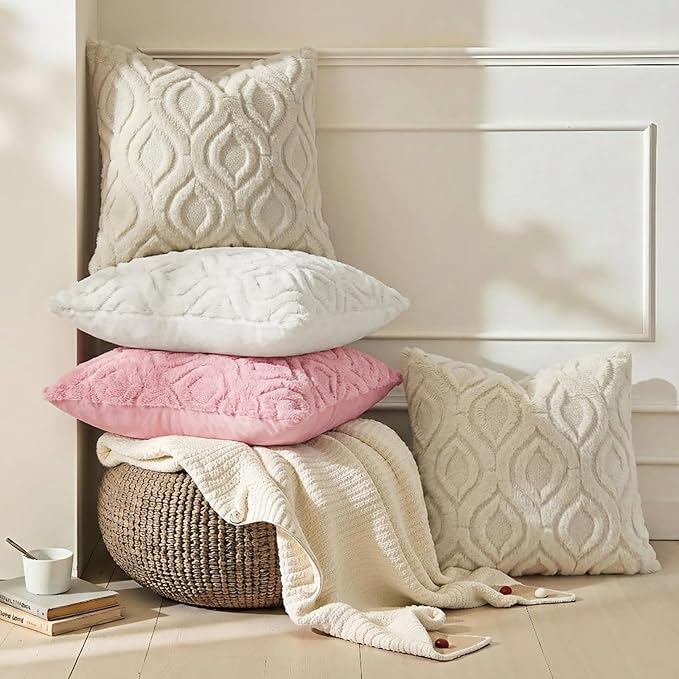 decorUhome Throw Pillow Covers 12x20 Inch Set of 2, Soft Plush Faux Wool Beige - Image 4