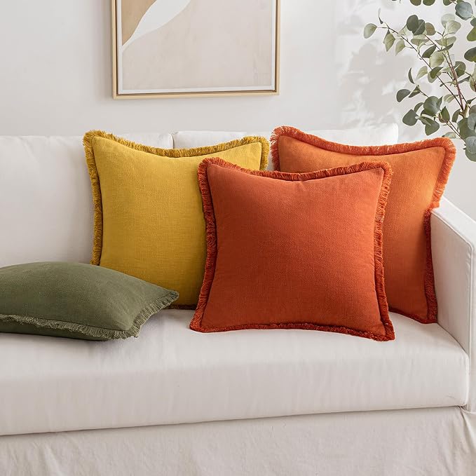 MIULEE Linen Fringe Decorative Fall Throw Pillow Covers Burnt Orange 20x20 | - Image 8