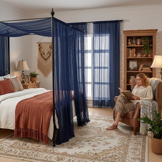 WAZZIO Boho Lace Curtains 84 Inches 2 Panel, Light Filtering Privacy Tassel & - Image 6
