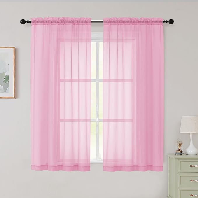 Sheer Pink Curtains for Bedroom Living Room 54 Inch Length 2 Panels Set by WelvetBLK