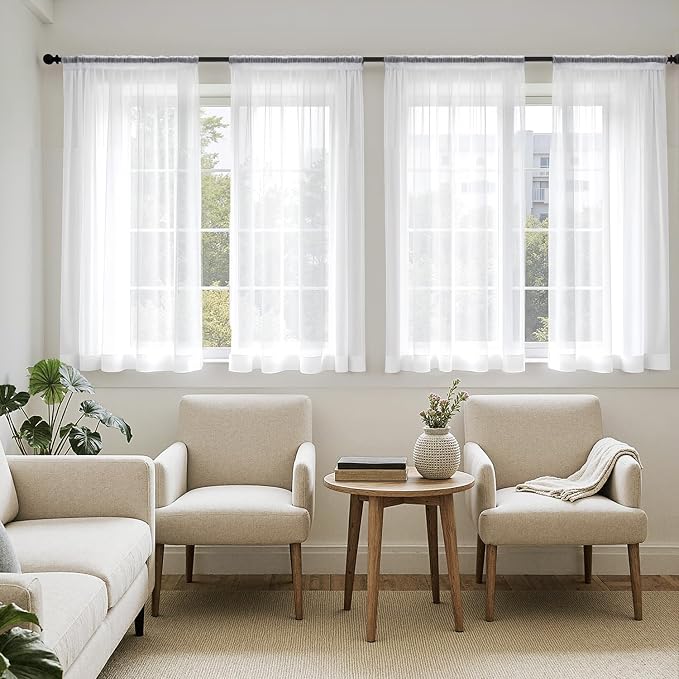 MIULEE White Sheer Curtains 63 Inches Long, 4 Panels Set, Light Filtering Rod by MIULEE