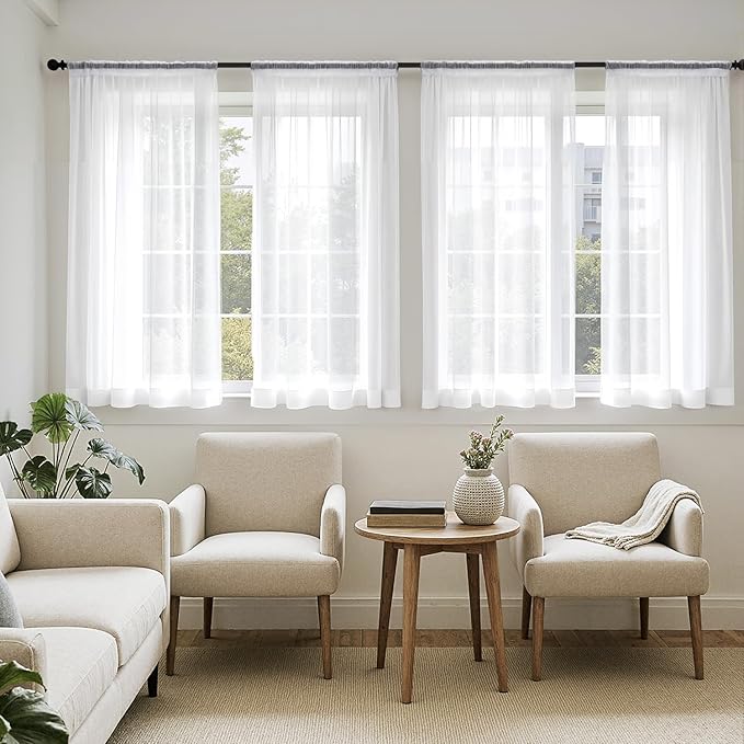 MIULEE White Sheer Curtains 63 Inches Long, 4 Panels Set, Light Filtering Rod by MIULEE