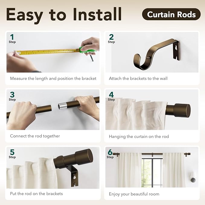 IFELS Heavy Duty Curtain Rods for Windows 66 to 120 Inch, 1 Inch Bronze Curtain - Image 6