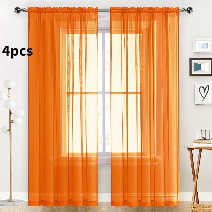 SpaceDresser Orange Sheer Curtains 4 Panels Rod Pocket Semi-Sheer Curtain 45 - Image 2