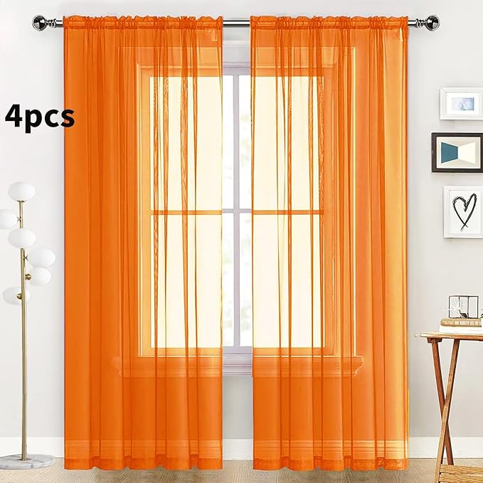 SpaceDresser Orange Sheer Curtains 4 Panels Rod Pocket Semi-Sheer Curtain 96 - Image 2