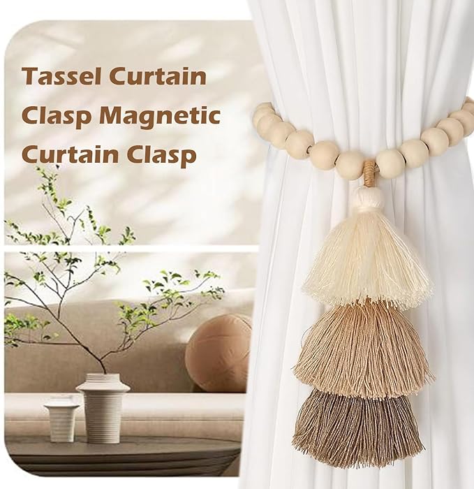 SRG Handmade Magnetic Wooden Bead Curtain Tiebacks 2 PCS | Simple Elegant - Image 2