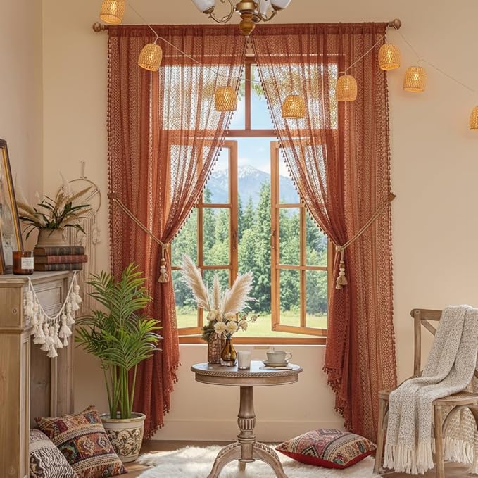 WAZZIO Boho Lace Curtains 63 Inches 2 Panel, Light Filtering Privacy Tassel & - Image 3