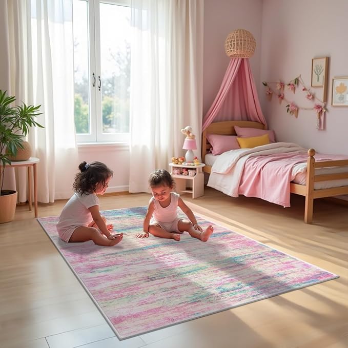 KOZYFLY Modern Abstract Pink 3x5 Area Rug Washable Girls Kids Bedroom Rug Throw - Image 3